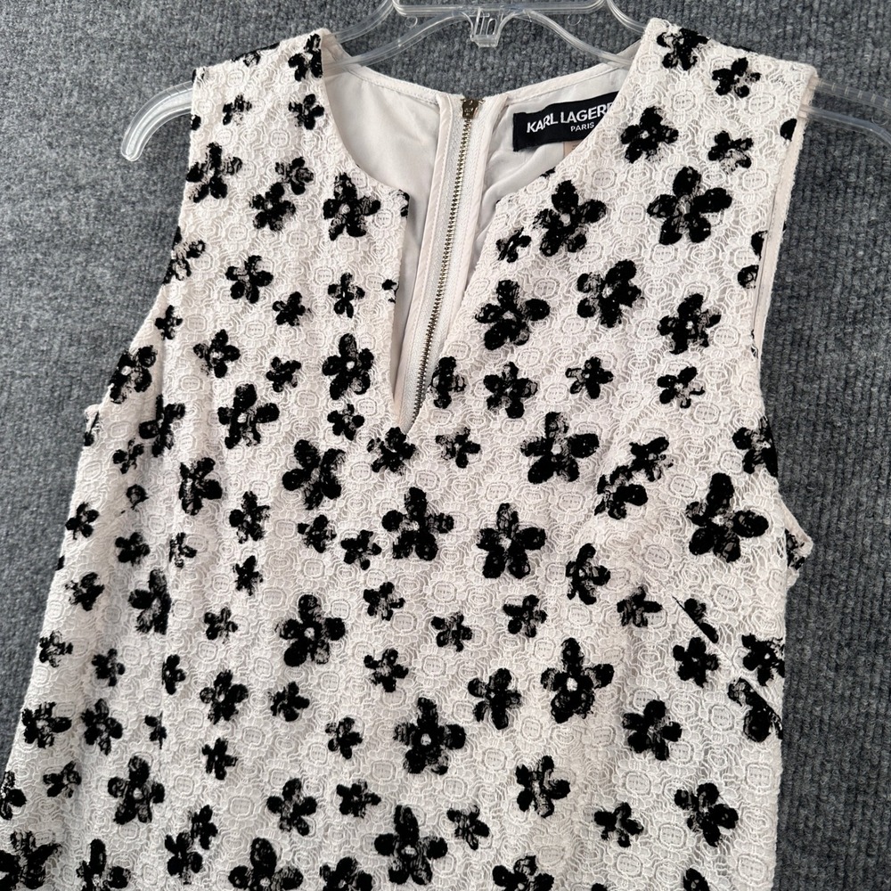 Karl Lagerfeld Paris Womens White Black Flocked Floral Lace Shift Dress Size 4 - Picture 2 of 9